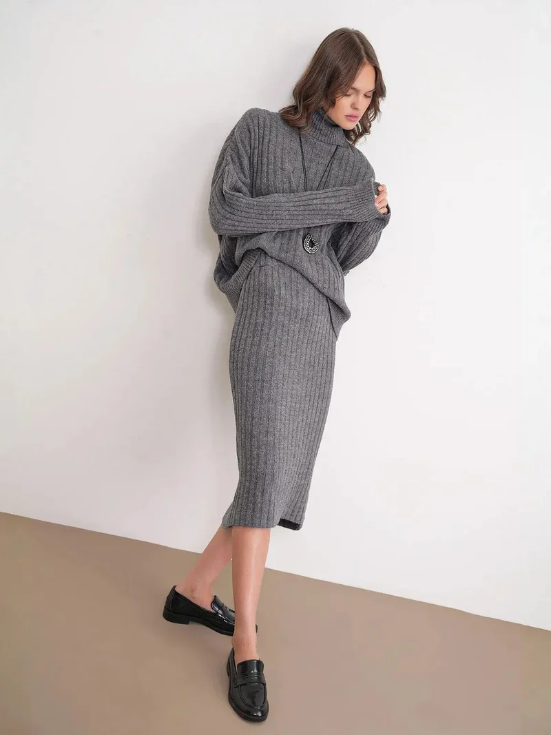 ميكسراي MIXRAY High Waist Ribbed Knit Skirt